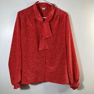 Womens Vintage Lucia Neck Tie Button Shirt Red White Dots 16‎